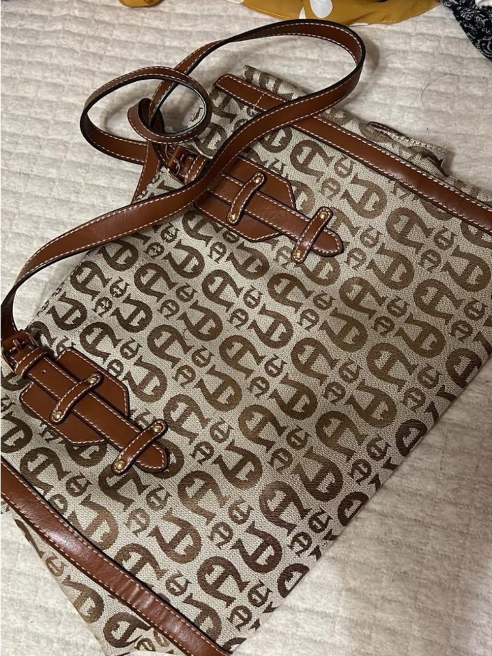 Brown Monogram Tote Bag with Leather Trim